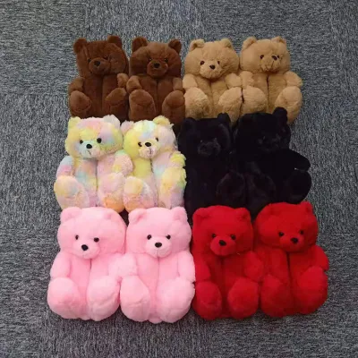 Pantoufles multi-couleurs en fourrure pour femmes, taille Teddy Fit, ours pour enfants